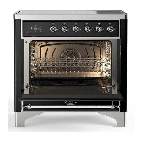 ILVE UMIB36QNR3BKC Majestic III 36 inch Induction Range with 6 Elements, 3.5 cu. ft. Total Oven Capacity (Solid Door, Glossy Black, Chrome)