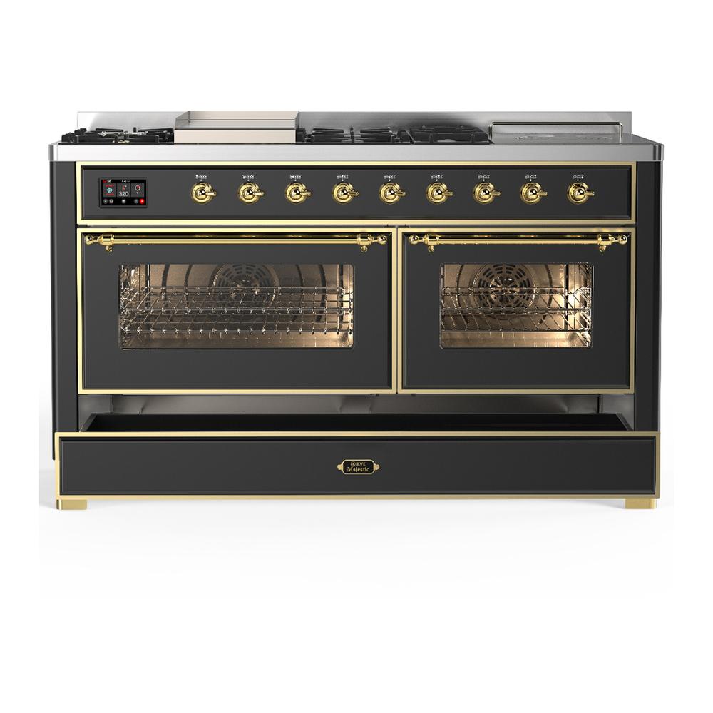 ILVE UM60FSNR3MGG Majestic III 60 inch Dual Fuel Range with 7 Burners, Griddle and French Top, Dual Function Burner with up to 25,000 BTU (Natural Gas, Triple Glass Door, Graphite Matte, Brass)