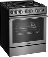 30in Dual Fuel 5 burner range with 5.7 cu ft self clean oven, slide-in style