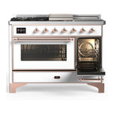 ILVE UM48FSNR3WHP Majestic III 48 inch Dual Fuel Range with 5 Black Brass Burners, Griddle and French Top, Dual Function Burner up to 25,000 BTU (Natural Gas, Triple Glass Door, White, Copper)