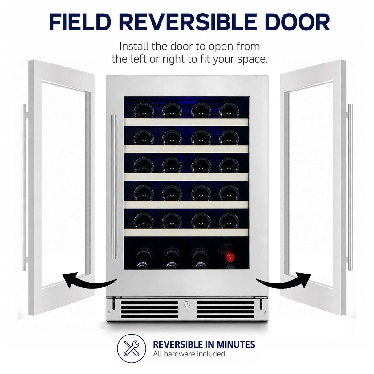 24" Wine Cooler, Dual Zone Stainless Steel Glass, Field Reversible Hinge