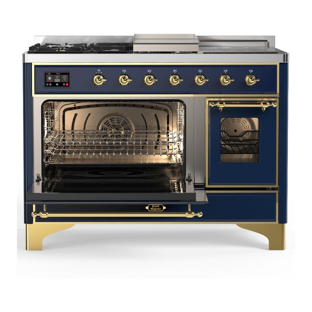 ILVE UM48FSNR3MBGLP Majestic III 48 inch Dual Fuel Range with 5 Black Brass Burners, Griddle and French Top, Dual Function Burner up to 25,000 BTU (Liquid Propane, Triple Glass Door, Midnight Blue, Brass)
