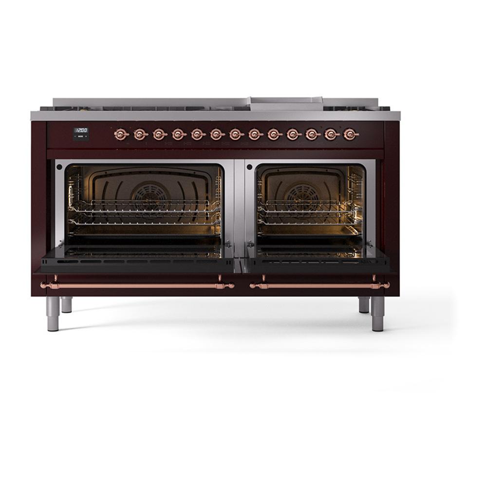 ILVE UN60FNMPBUP Nostalgie II Noblesse 60 inch Dual Fuel Range (9 Sealed Burners + Griddle, Natural Gas, Triple Glass Door, Burgundy, Copper)