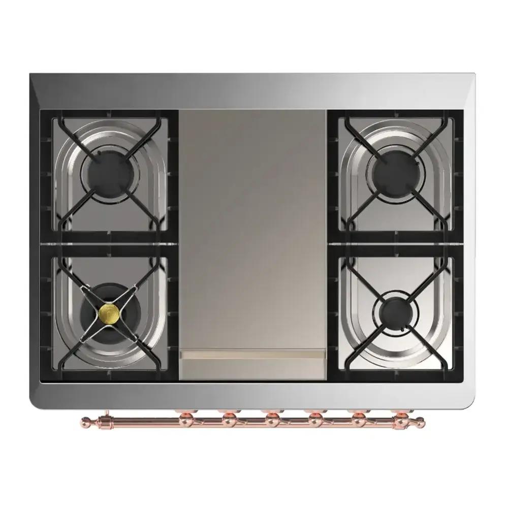 ILVE UM36FNR3RAPLP Majestic III 36 inch Dual Fuel Range with 6 Black Brass Burners and Griddle, Dual Function Burner up to 25,000 BTU (Triple Glass Door, RAL, Copper, Liquid Propane)