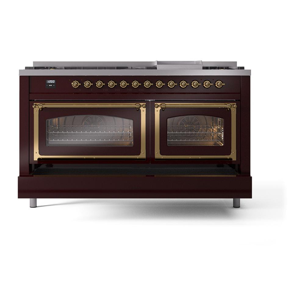 ILVE UN60FNMPBUG Nostalgie II Noblesse 60 inch Dual Fuel Range (9 Sealed Burners + Griddle, Natural Gas, Triple Glass Door, Burgundy, Brass)