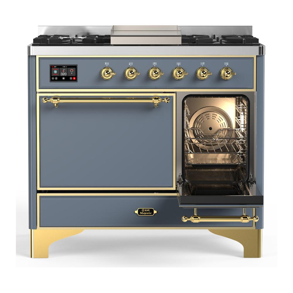 ILVE UMD40FQNR3BGGLP Majestic III 40 inch Dual Fuel Range with 6 Burners and Griddle, Dual Function Burner up to 25,000 BTU (Liquid Propane, Solid Door, Blue Grey, Brass)