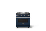 36"W. Sealed Burner Gas Range (Burner: 4g, Finish: Slate Blue, Trim: Brushed Brass, Fuel: Propane)