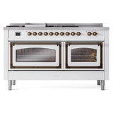 ILVE UN60FSNMPWHB Nostalgie II Noblesse 60 inch Dual Fuel Range (7 Sealed Burners + Griddle + French Top, Natural Gas, Triple Glass Door, White, Burnished)