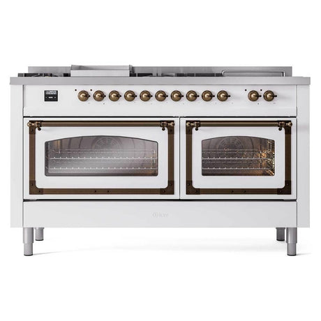 ILVE UN60FSNMPWHB Nostalgie II Noblesse 60 inch Dual Fuel Range (7 Sealed Burners + Griddle + French Top, Natural Gas, Triple Glass Door, White, Burnished)