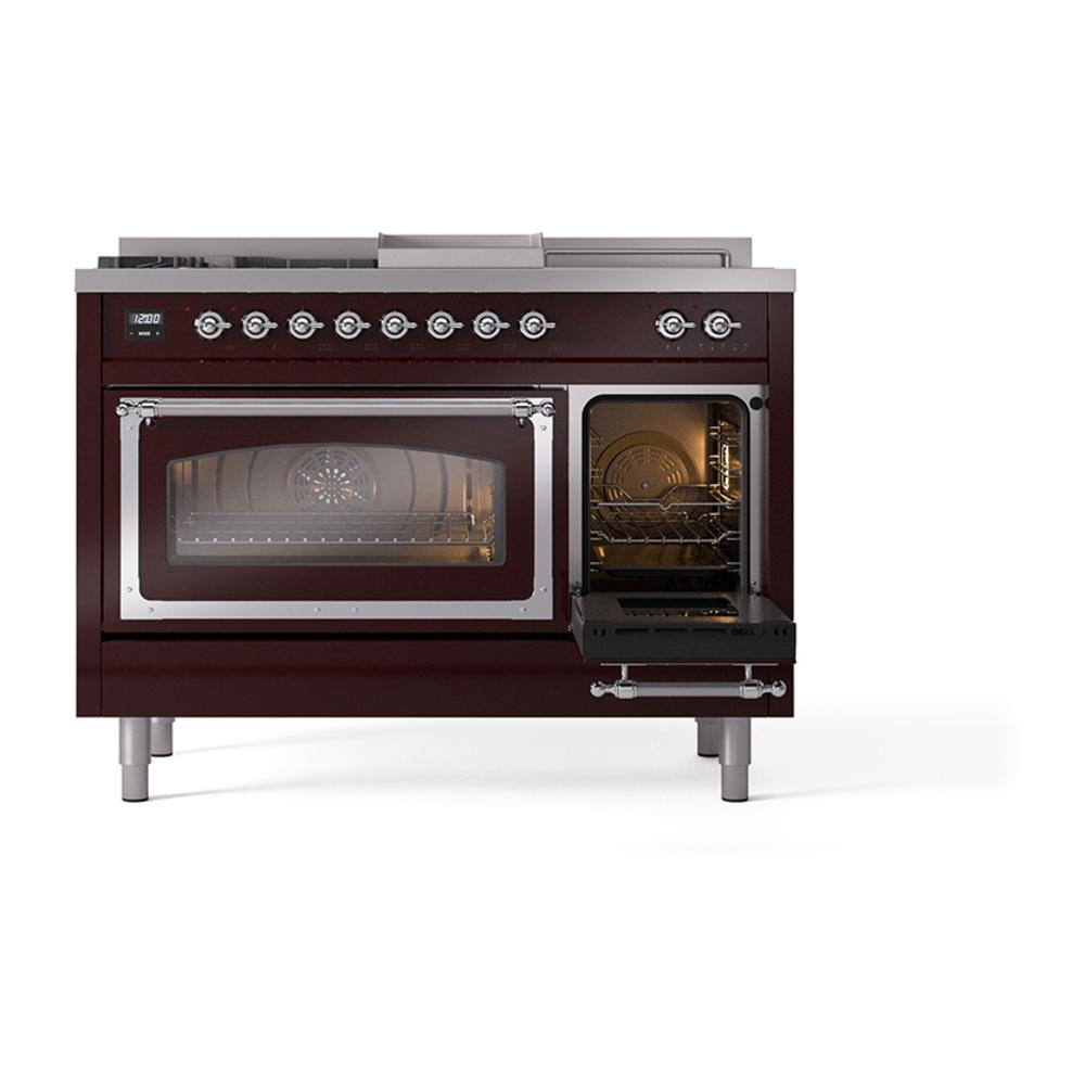 ILVE UN48FSNMPBUCLP Nostalgie II Noblesse 48 inch Dual Fuel Range (5 Sealed Burners + Griddle + French Top, Liquid Propane, Triple Glass Door, Burgundy, Chrome)