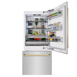 ZLINE Autograph Edition 36 in. 19.8 cu. ft. Built-In Bottom Freezer Refrigerator with Water Dispenser and Ice Maker in Stainless Steel with Polished Gold Accents (RBITZ-304-36G)