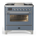 ILVE UM36FNR3BGC Majestic III 36 inch Dual Fuel Range with 6 Black Brass Burners and Griddle, Dual Function Burner up to 25,000 BTU (Triple Glass Door, Blue Grey, Chrome, Natural Gas)