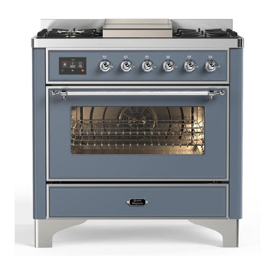 ILVE UM36FNR3BGC Majestic III 36 inch Dual Fuel Range with 6 Black Brass Burners and Griddle, Dual Function Burner up to 25,000 BTU (Triple Glass Door, Blue Grey, Chrome, Natural Gas)