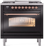 Nostalgie II 36 Inch Dual Fuel Natural Gas Freestanding Range in Glossy Black with Copper Trim