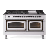 ILVE UN60FNMPWHB Nostalgie II Noblesse 60 inch Dual Fuel Range (9 Sealed Burners + Griddle, Natural Gas, Triple Glass Door, White, Burnished)