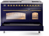 Nostalgie II 48 Inch Dual Fuel Natural Gas Freestanding Range in Blue with Brass Trim