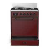 ILVE UM30QNR3BUB Majestic III 30 inch Dual Fuel Range with 5 Black Brass Burners, Dual Function Burner up to 25,000 BTU (Natural Gas, Solid Door, Burgundy, Burnished)