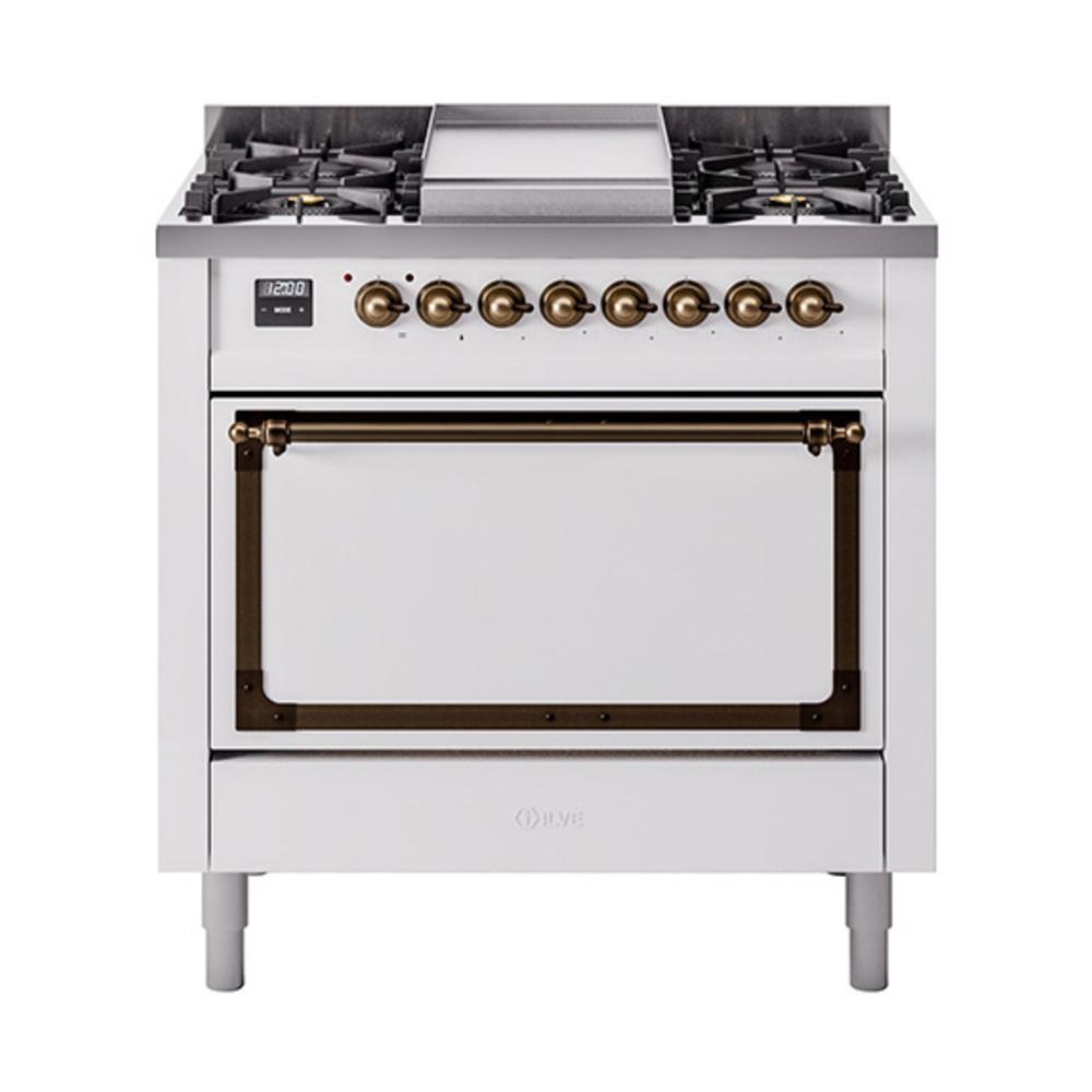 ILVE UN36FQNMPWHBLP Nostalgie II Noblesse 36 inch Dual Fuel Range (Liquid Propane, Solid Door, White, Burnished)