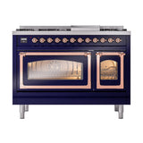 ILVE UN48FNMPMBP Nostalgie II Noblesse 48 inch Dual Fuel Range (8 Sealed Burners + Griddle, Natural Gas, Triple Glass Door, Midnight Blue, Copper)