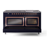 ILVE UN60FNMPMBPLP Nostalgie II Noblesse 60 inch Dual Fuel Range (9 Sealed Burners + Griddle, Liquid Propane, Triple Glass Door, Midnight Blue, Copper)