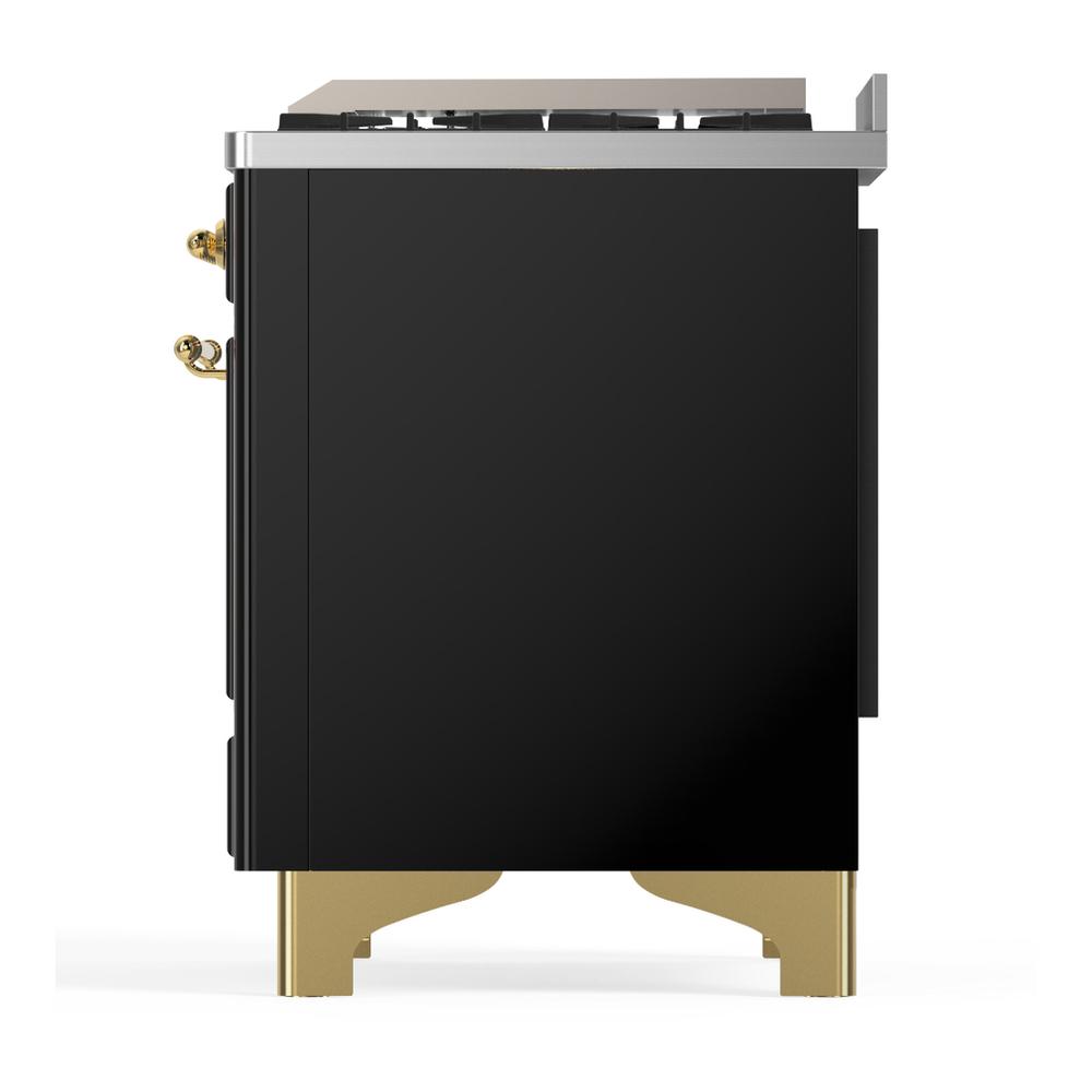 ILVE UM60FQNR3BKGLP Majestic III 60 inch Dual Fuel Range with 9 Burners and Griddle, Dual Function Burner up to 25,000 BTU (Liquid Propane, Solid Door, Glossy Black, Brass)