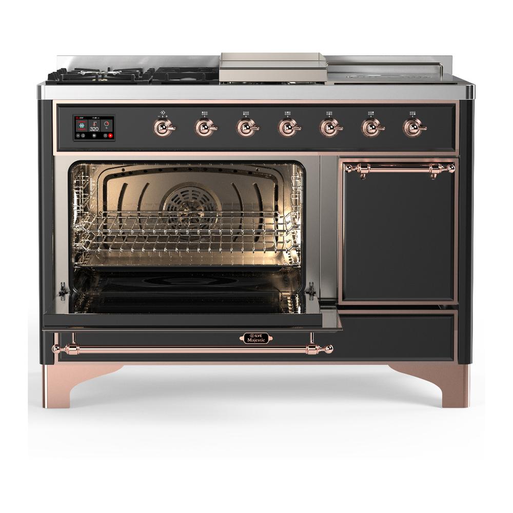 ILVE UM48FSQNR3MGPLP Majestic III 48 inch Dual Fuel Range with 5 Black Brass Burners, Griddle and French Top, Dual Function Burner up to 25,000 BTU (Liquid Propane, Solid Door, Graphite Matte, Copper)