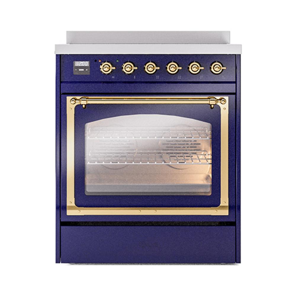 ILVE UNI304NMPMBG Nostalgie II Noblesse 30 inch Induction Range (Triple Glass Door, Midnight Blue, Brass)