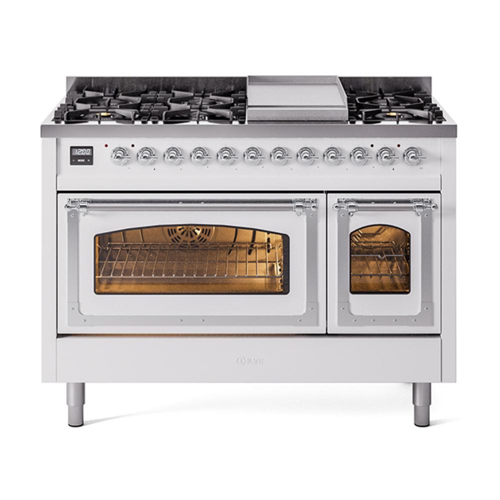 ILVE UN48FNMPWHCLP Nostalgie II Noblesse 48 inch Dual Fuel Range (8 Sealed Burners + Griddle, Liquid Propane, Triple Glass Door, White, Chrome)