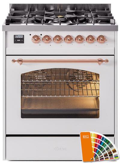 Nostalgie II 30 Inch Dual Fuel Natural Gas Freestanding Range in RAL Custom Color with Copper Trim