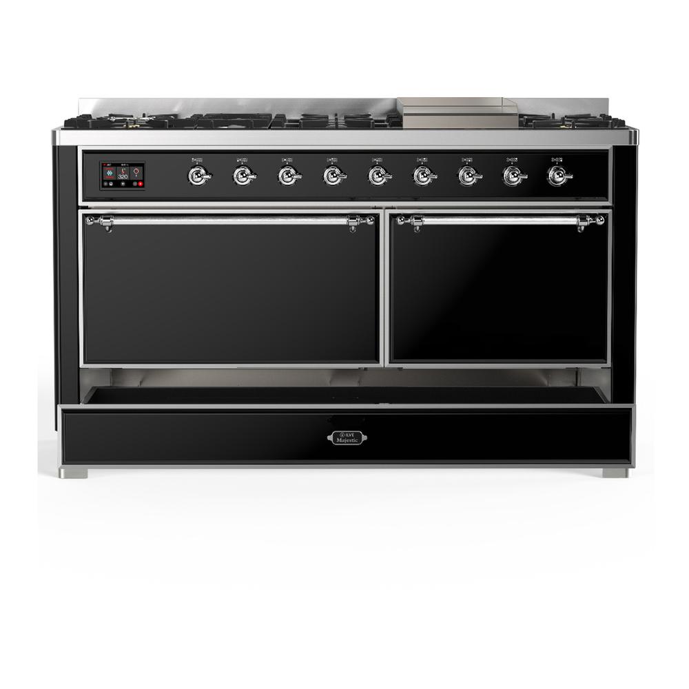 ILVE UM60FQNR3BKCLP Majestic III 60 inch Dual Fuel Range with 9 Burners and Griddle, Dual Function Burner up to 25,000 BTU (Liquid Propane, Solid Door, Glossy Black, Chrome)