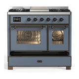 ILVE UMD40FNR3BGBLP Majestic III 40 inch Dual Fuel Range with 6 Burners and Griddle, Dual Function Burner up to 25,000 BTU (Liquid Propane, Triple Glass Door, Blue Grey, Burnished)