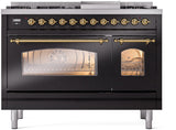 Nostalgie II 48 Inch Dual Fuel Liquid Propane Freestanding Range in Glossy Black with Brass Trim