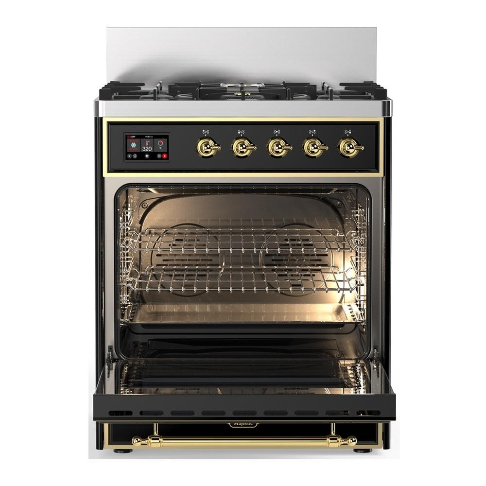 ILVE UM30NR3BKGLP Majestic III 30 inch Dual Fuel Range with 5 Black Brass Burners, Dual Function Burner up to 25,000 BTU (Liquid Propane, Triple Glass Door, Glossy Black, Brass)