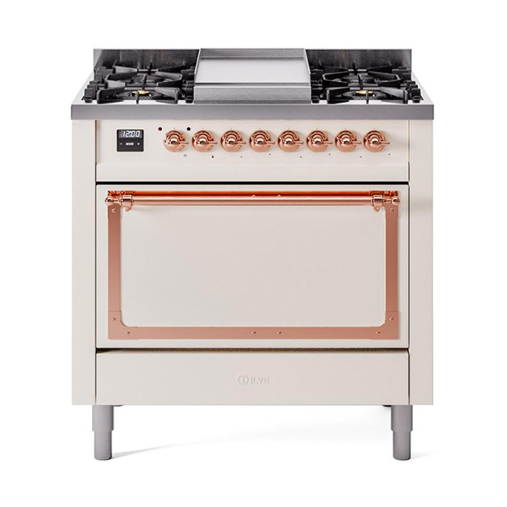 ILVE UN36FQNMPAWPLP Nostalgie II Noblesse 36 inch Dual Fuel Range (Liquid Propane, Solid Door, Antique White, Copper)