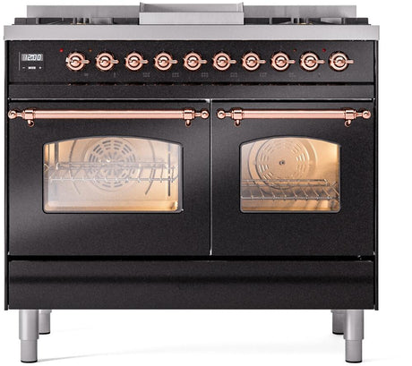 Nostalgie II 40 Inch Dual Fuel Natural Gas Freestanding Range in Glossy Black with Copper Trim