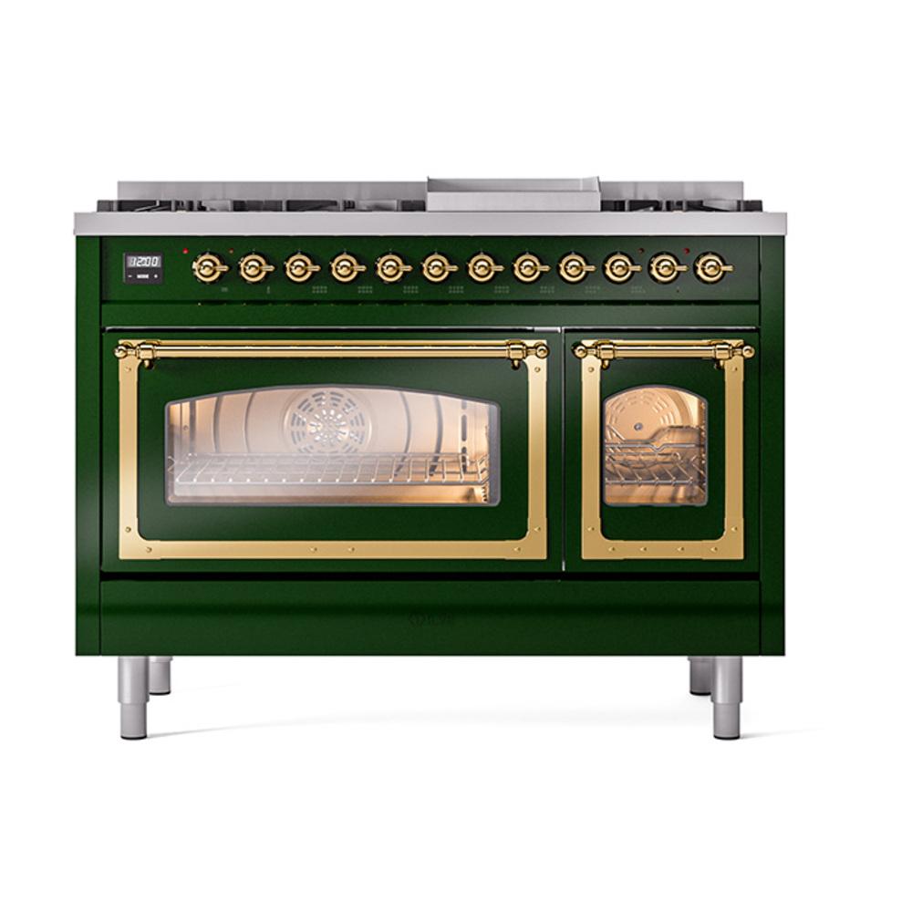 ILVE UN48FNMPEGG Nostalgie II Noblesse 48 inch Dual Fuel Range (8 Sealed Burners + Griddle, Natural Gas, Triple Glass Door, Emerald Green, Brass)