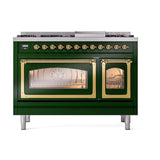 ILVE UN48FNMPEGG Nostalgie II Noblesse 48 inch Dual Fuel Range (8 Sealed Burners + Griddle, Natural Gas, Triple Glass Door, Emerald Green, Brass)