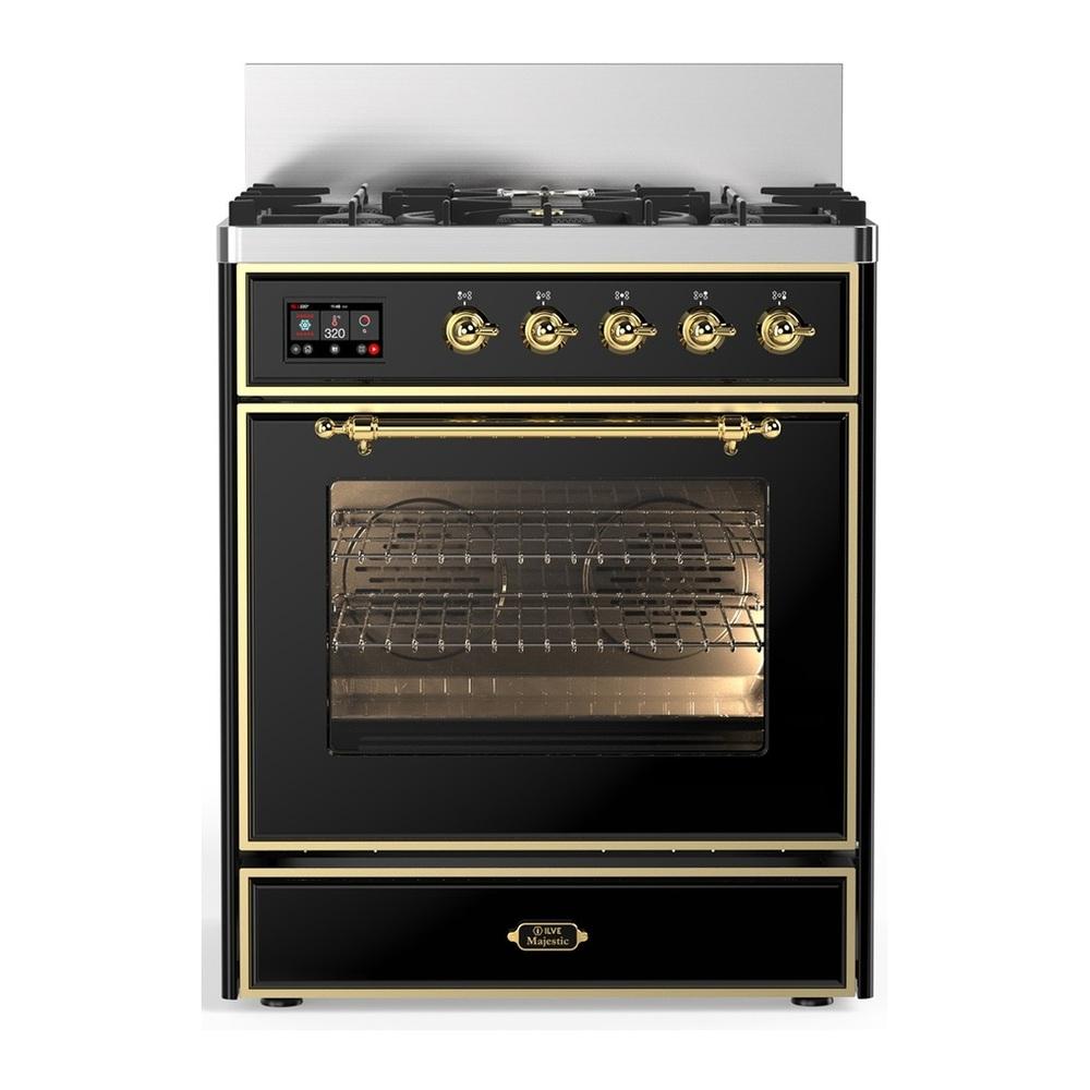 ILVE UM30NR3BKG Majestic III 30 inch Dual Fuel Range with 5 Black Brass Burners, Dual Function Burner up to 25,000 BTU (Natural Gas, Triple Glass Door, Glossy Black, Brass)