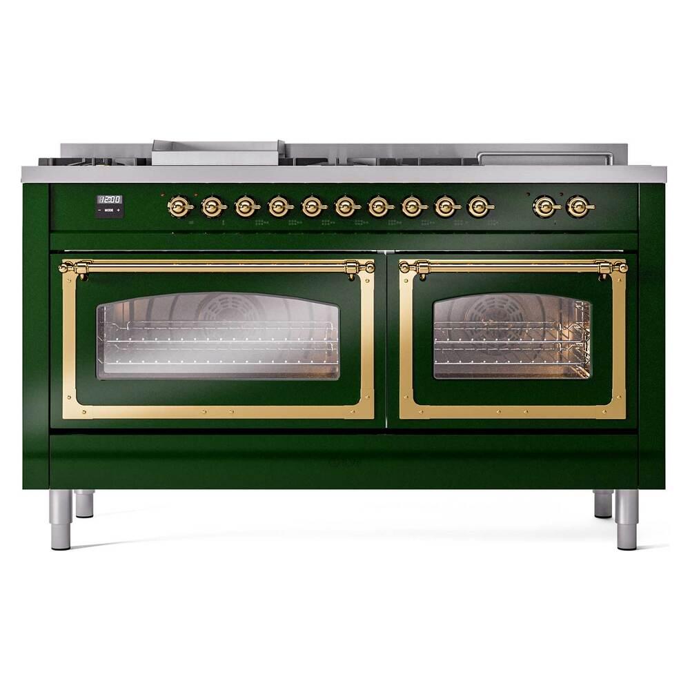 ILVE UN60FSNMPEGGLP Nostalgie II Noblesse 60 inch Dual Fuel Range (7 Sealed Burners + Griddle + French Top, Liquid Propane, Triple Glass Door, Emerald Green, Brass)