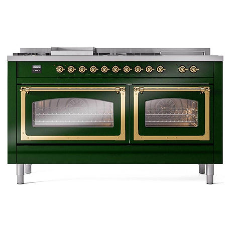 ILVE UN60FSNMPEGGLP Nostalgie II Noblesse 60 inch Dual Fuel Range (7 Sealed Burners + Griddle + French Top, Liquid Propane, Triple Glass Door, Emerald Green, Brass)