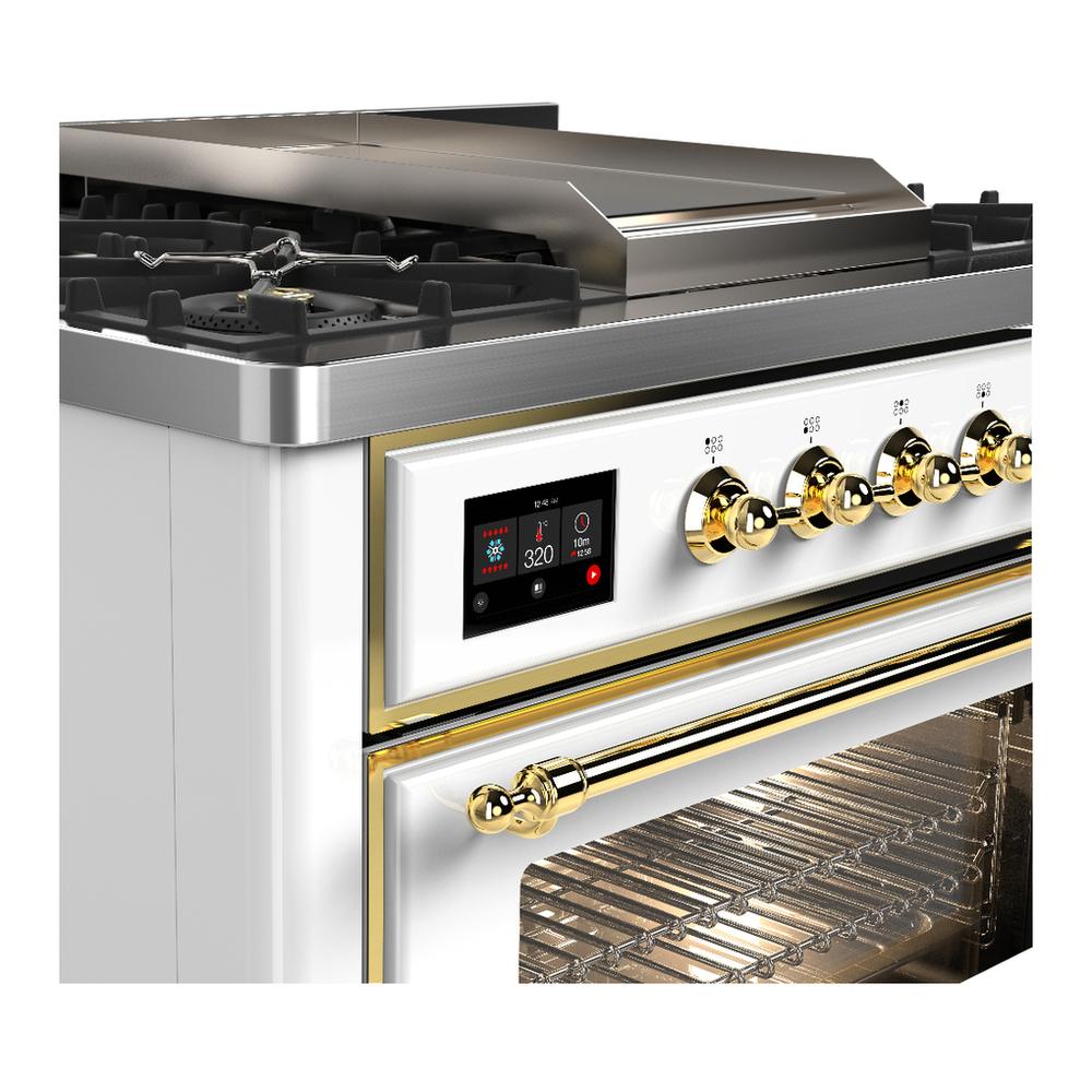 ILVE UM36FNR3WHG Majestic III 36 inch Dual Fuel Range with 6 Black Brass Burners and Griddle, Dual Function Burner up to 25,000 BTU (Triple Glass Door, White, Brass, Natural Gas)
