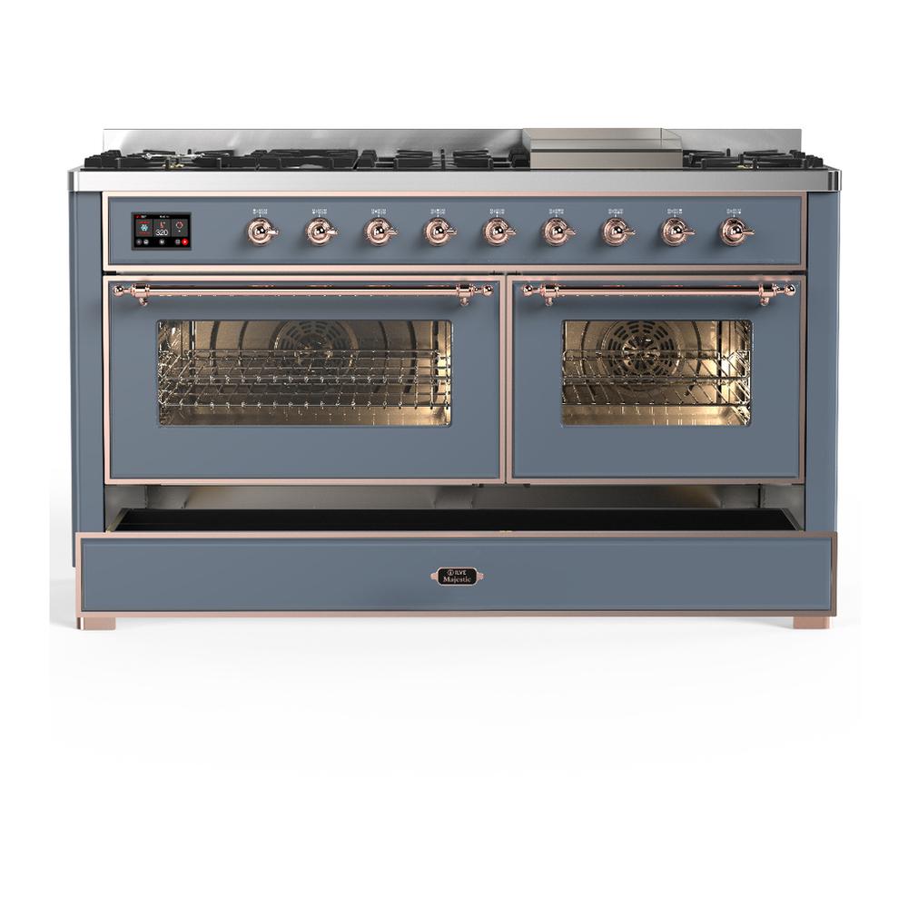 ILVE UM60FNR3BGP Majestic III 60 inch Dual Fuel Range with 9 Burners and Griddle, Dual Function Burner up to 25,000 BTU (Natural Gas, Triple Glass Door, Blue Grey, Copper)