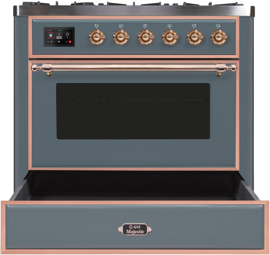 Majestic II 36 Inch Dual Fuel Natural Gas Freestanding Range in Blue Grey with Copper Trim