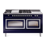 ILVE UN60FSNMPMBCLP Nostalgie II Noblesse 60 inch Dual Fuel Range (7 Sealed Burners + Griddle + French Top, Liquid Propane, Triple Glass Door, Midnight Blue, Chrome)