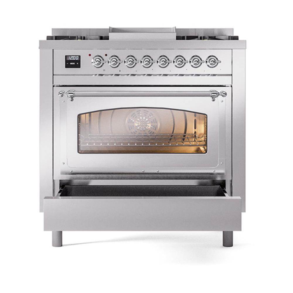 ILVE UN36FNMPSSC Nostalgie II Noblesse 36 inch Dual Fuel Range (Natural Gas, Triple Glass Door, Stainless Steel, Chrome)