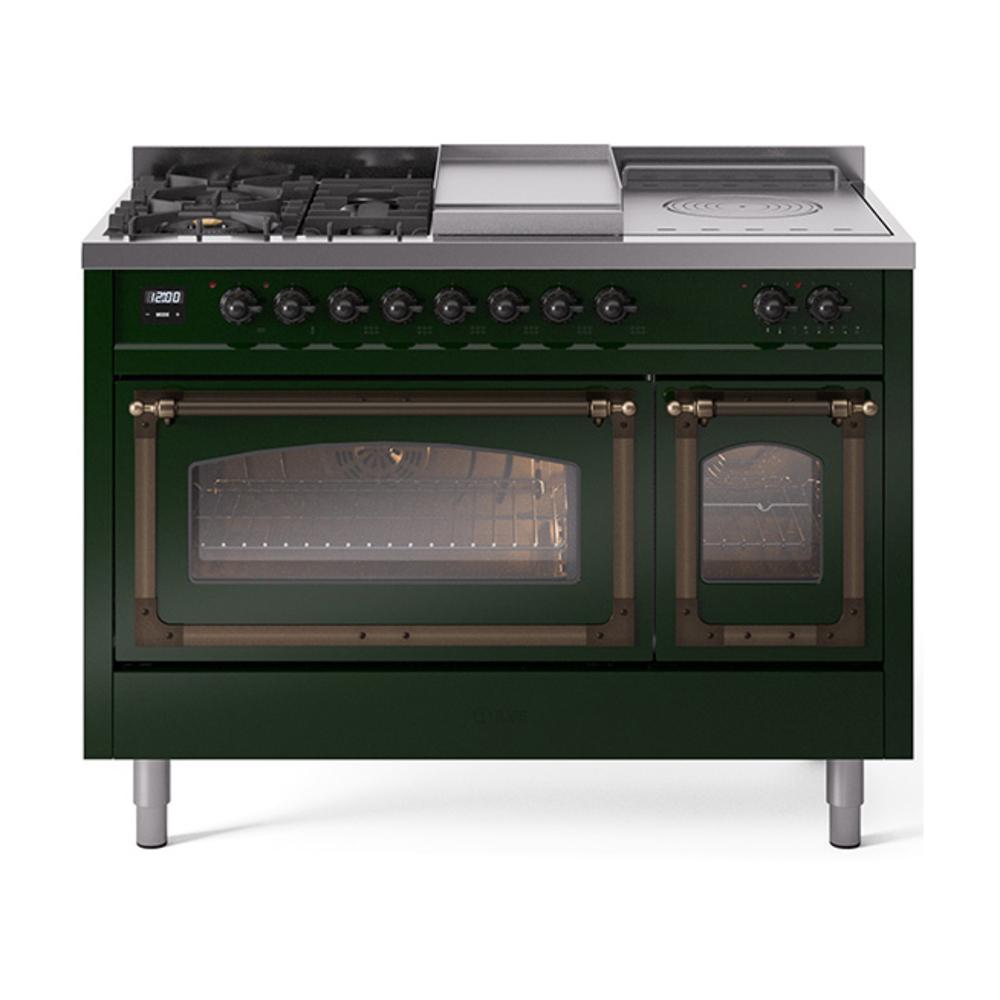 ILVE UN48FSNMPEGB Nostalgie II Noblesse 48 inch Dual Fuel Range (5 Sealed Burners + Griddle + French Top, Natural Gas, Triple Glass Door, Emerald Green, Burnished)