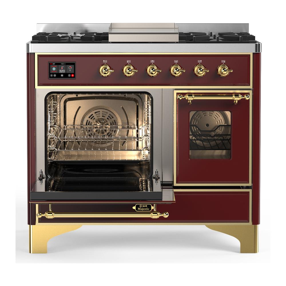 ILVE UMD40FNR3BUG Majestic III 40 inch Dual Fuel Range with 6 Burners and Griddle, Dual Function Burner up to 25,000 BTU (Natural Gas, Triple Glass Door, Burgundy, Brass)