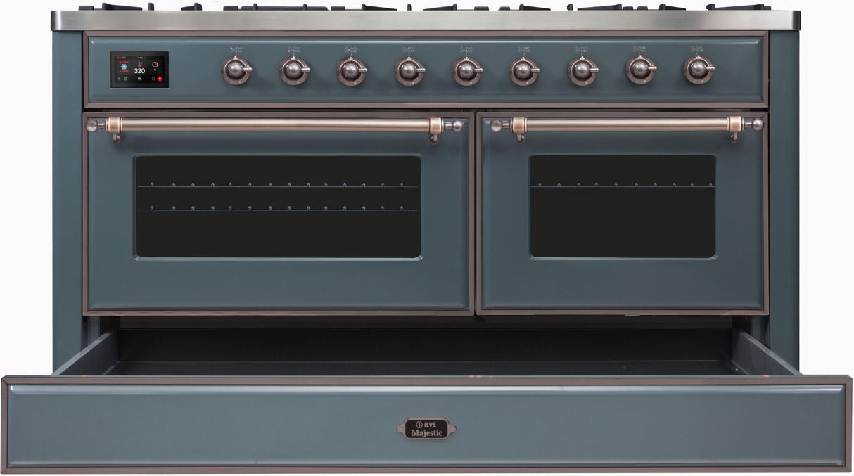 Majestic II 60 Inch Dual Fuel Natural Gas Freestanding Range in Blue Grey with Bronze Trim