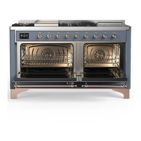 ILVE UM60FSNR3BGP Majestic III 60 inch Dual Fuel Range with 7 Burners, Griddle and French Top, Dual Function Burner with up to 25,000 BTU (Natural Gas, Triple Glass Door, Blue Grey, Copper)