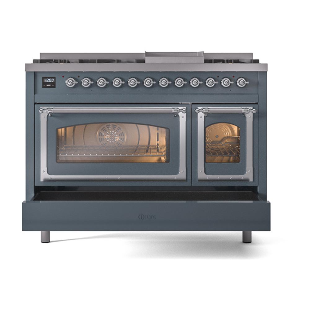 ILVE UN48FNMPBGCLP Nostalgie II Noblesse 48 inch Dual Fuel Range (8 Sealed Burners + Griddle, Liquid Propane, Triple Glass Door, Blue Grey, Chrome)
